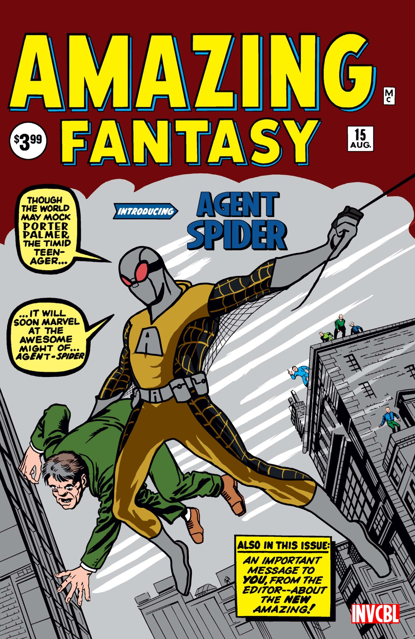 2boys 5others agent_spider belt bodysuit character_name comic_cover commentary dated english_commentary english_text grey_footwear highres invincible_(series) male_focus marvel mask multiple_boys multiple_others parody price_tag retro_artstyle silk sky skyline speech_bubble spider_web superhero_costume title_page transgoofball utility_belt western_comics_(style)