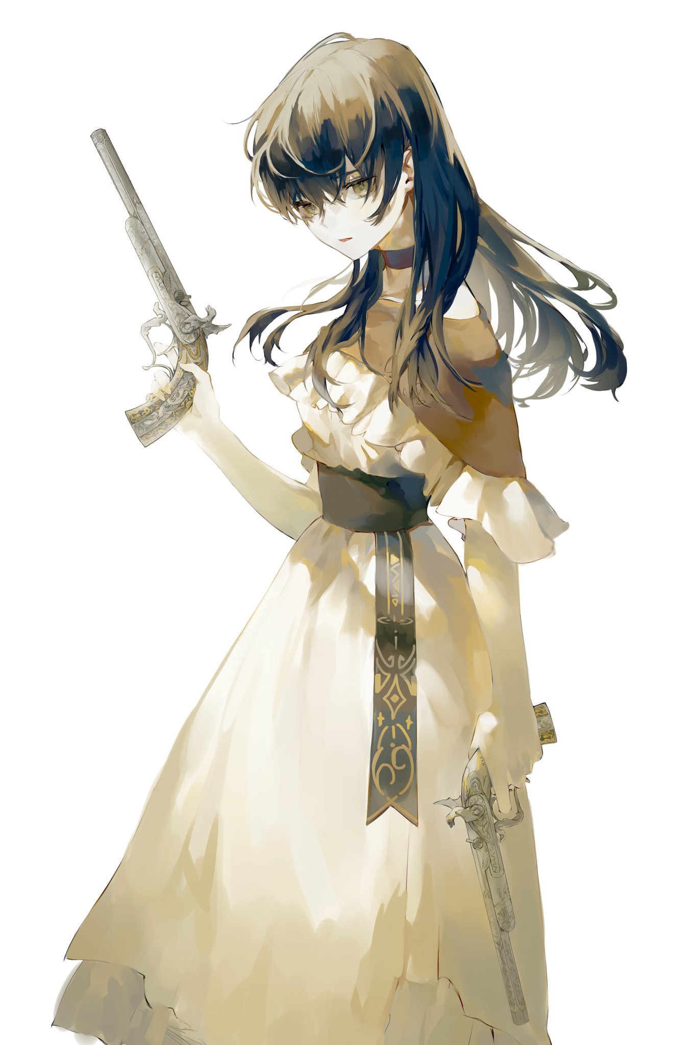 1girl black_choker black_hair choker commentary_request dress dual_wielding eunz frills gun handgun highres holding holding_gun holding_weapon korean_commentary long_hair looking_at_viewer original parted_lips revolver simple_background solo trigger_discipline weapon white_background white_dress yellow_eyes