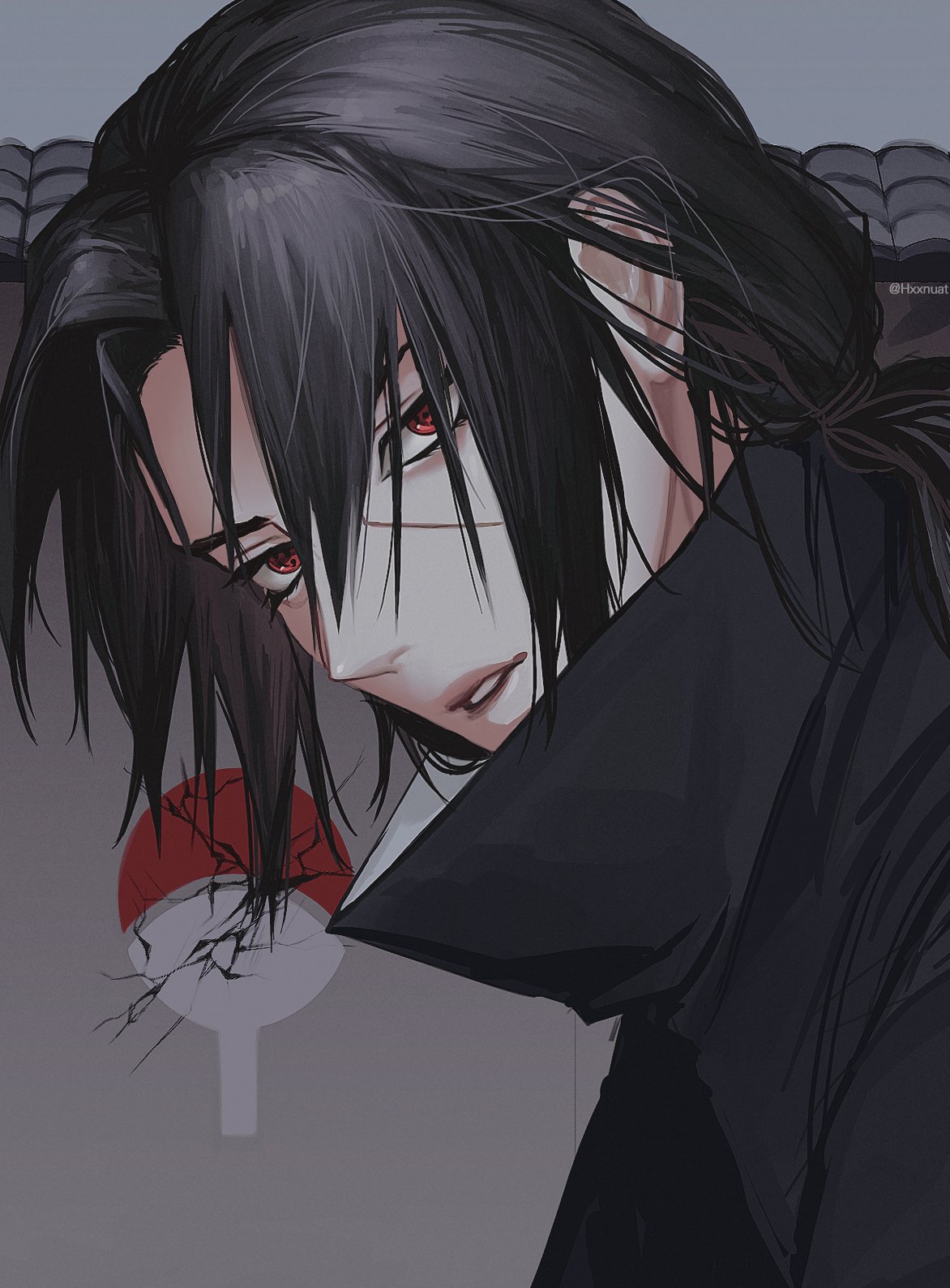1boy black_hair facial_mark grey_background hair_between_eyes hand_fan high_collar highres hxxnuat looking_at_viewer low_ponytail male_focus naruto_(series) pale_skin parted_bangs parted_lips red_eyes sharingan solo twitter_username uchiha_itachi upper_body