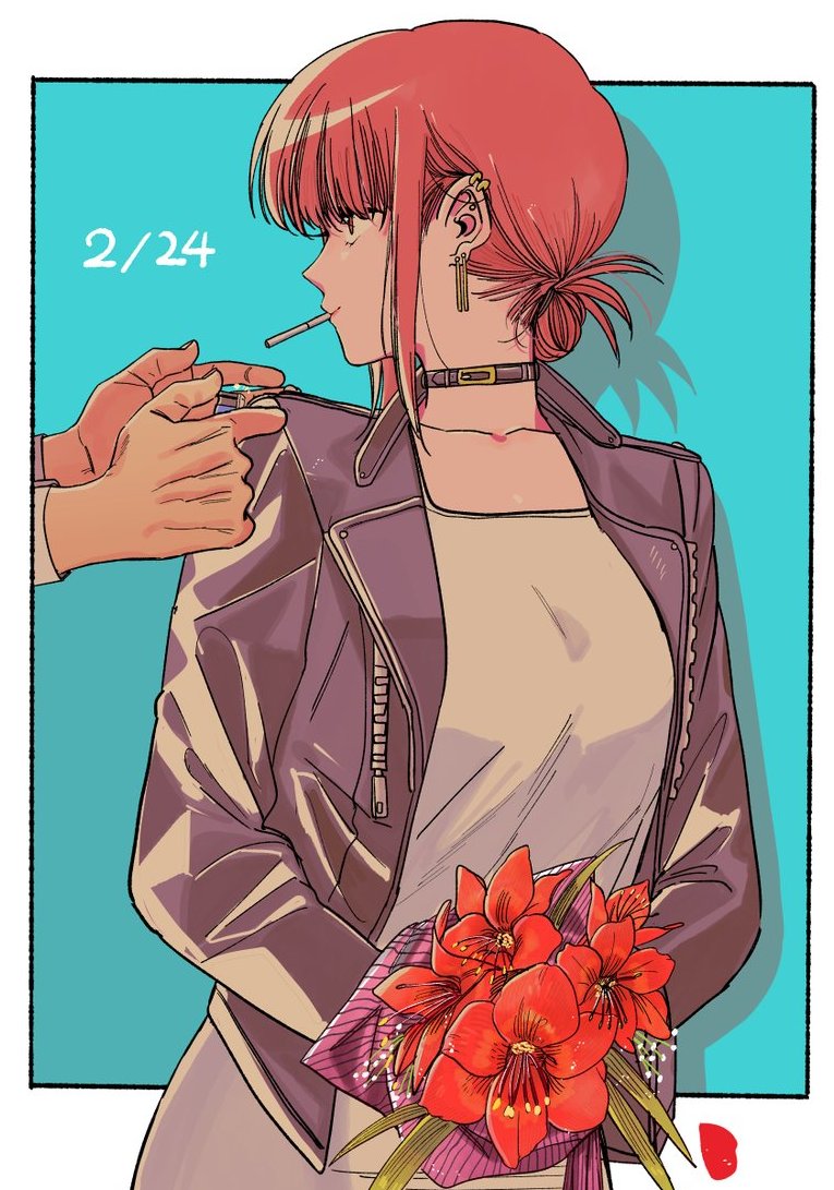1boy 1girl birthday cigarette collar dated flower flower_request holding holding_lighter jinusi lighter lighting_cigarette redhead super_no_ura_de_yani_suu_futari tayama_(super_no_ura_de_yani_suu_futari)