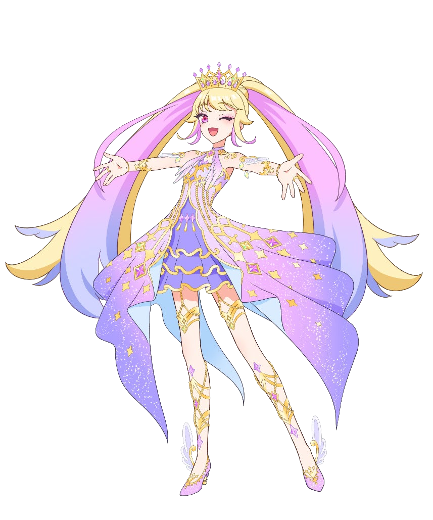 1girl ;d blonde_hair blue_hair crown dress full_body gold_trim gradient_hair hand_up high_heels himeme_(waccha_primagi!) long_hair looking_at_viewer multicolored_hair official_art one_eye_closed open_mouth outstretched_arms pink_eyes pink_hair pretty_series purple_dress purple_footwear second-party_source simple_background smile solo spread_arms standing twintails very_long_hair waccha_primagi! waccha_primagi!_studio