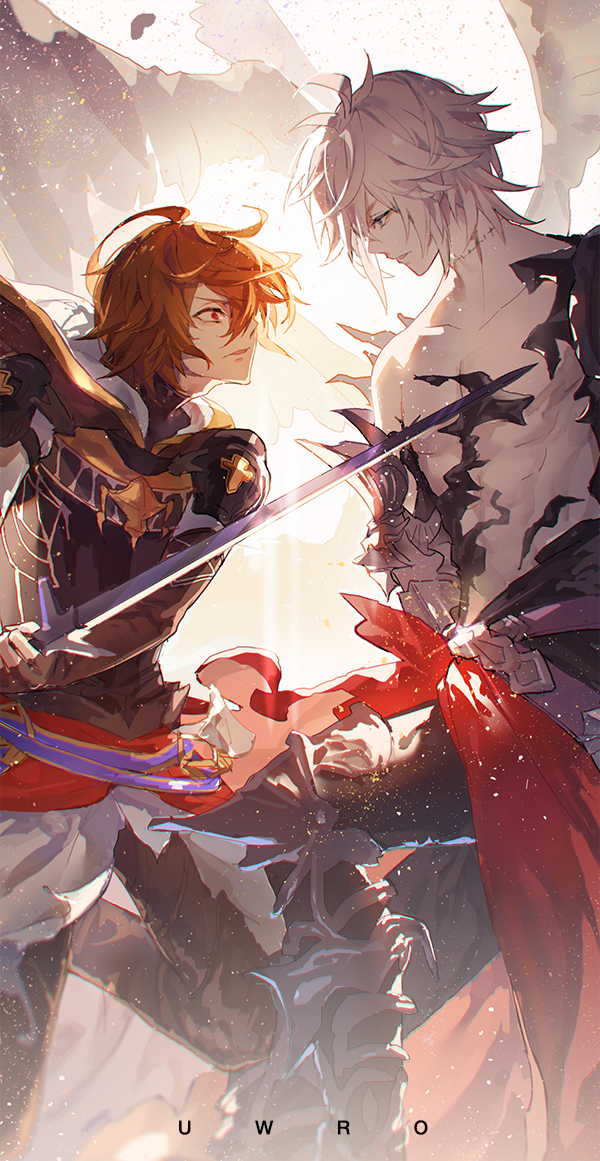 2boys ahoge angry arm_armor armor artist_name backlighting breastplate brown_hair cape empty_eyes english_commentary feathered_wings fighting_stance gloves granblue_fantasy greaves hair_between_eyes holding holding_sword holding_weapon hood hood_down knee_up light light_frown light_particles looking_at_another lucilius_(granblue_fantasy) messy_hair multiple_boys parted_lips pectorals red_cape sandalphon_(granblue_fantasy) scar scar_on_neck short_hair standing stitched_neck stitches sword uwro weapon white_background white_cape white_hair wings