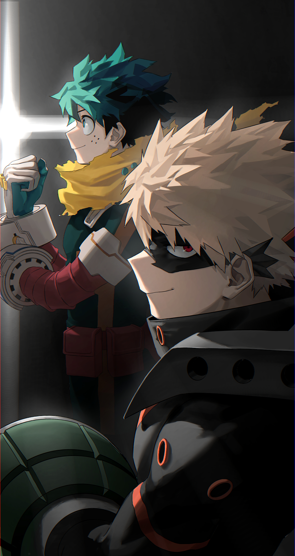 2boys aqua_gloves bakugou_katsuki belt belt_pouch black_background black_mask blonde_hair bodysuit boku_no_hero_academia cape chromatic_aberration clenched_hand closed_mouth commentary_request cut_(nifuhami_35) eye_mask floating_cape floating_hair freckles from_side gloves gradient_background green_bodysuit green_eyes green_hair grey_background hand_up hands_up high_collar highres light looking_at_viewer looking_to_the_side male_focus midoriya_izuku multiple_boys official_alternate_costume partial_commentary pouch profile red_belt red_eyes short_hair sideways_glance single_horizontal_stripe smile spiky_hair spoilers torn_cape torn_clothes upper_body yellow_cape