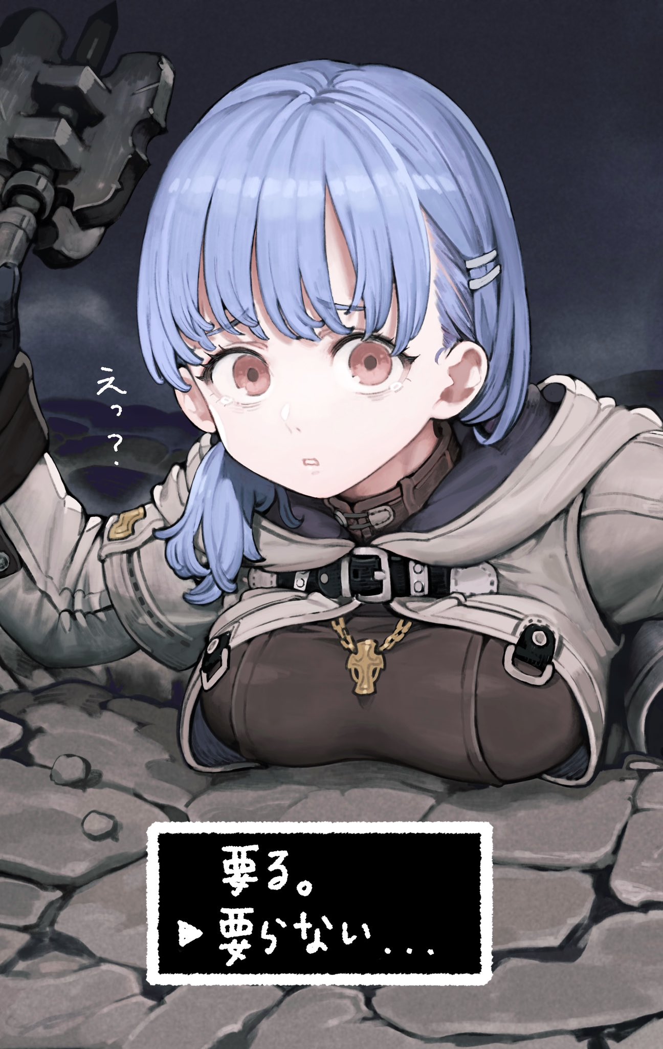 1girl blue_hair breasts brown_eyes commentary_request flanged_mace hair_ornament hairclip highres holding holding_mace holding_weapon hood hooded_jacket jacket jun_(navigavi) looking_at_viewer mace medium_hair original pitfall solo stone_floor stuck translation_request upper_body weapon