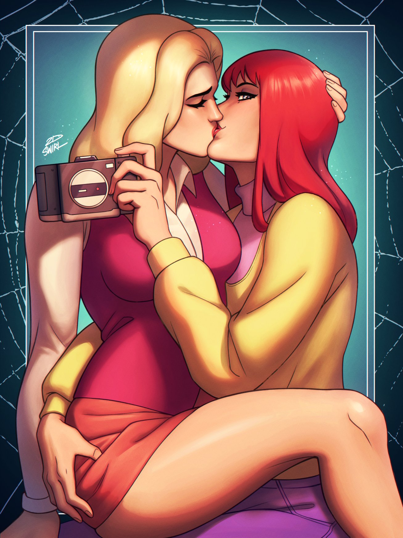 2dswirl 2girls ass_grab blonde_hair blue_eyes camera closed_eyes felicia_hardy highres holding holding_camera holding_head kiss long_hair looking_at_viewer marvel mary_jane_watson multiple_girls pink_sweater_vest redhead sitting sitting_on_lap sitting_on_person skirt spider-man:_the_animated_series spider-man_(series) sweater sweater_vest thighs yellow_sweater yuri