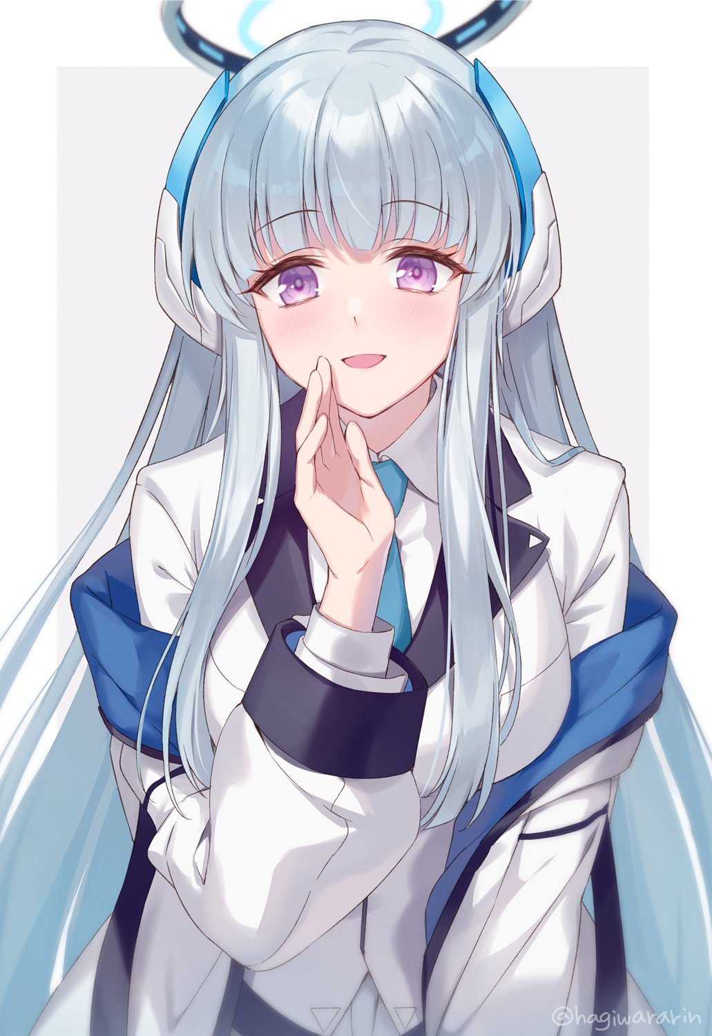 1girl artist_name blue_archive blue_halo blue_necktie blush border breasts coat collared_shirt earpiece grey_background grey_hair hagiwara_rin halo hand_up highres jacket lapels large_breasts long_hair long_sleeves looking_at_viewer mechanical_halo necktie noa_(blue_archive) open_clothes open_coat open_mouth outside_border pleated_skirt puffy_long_sleeves puffy_sleeves shirt sidelocks simple_background skirt smile solo standing suit violet_eyes white_border white_coat white_jacket white_shirt white_skirt