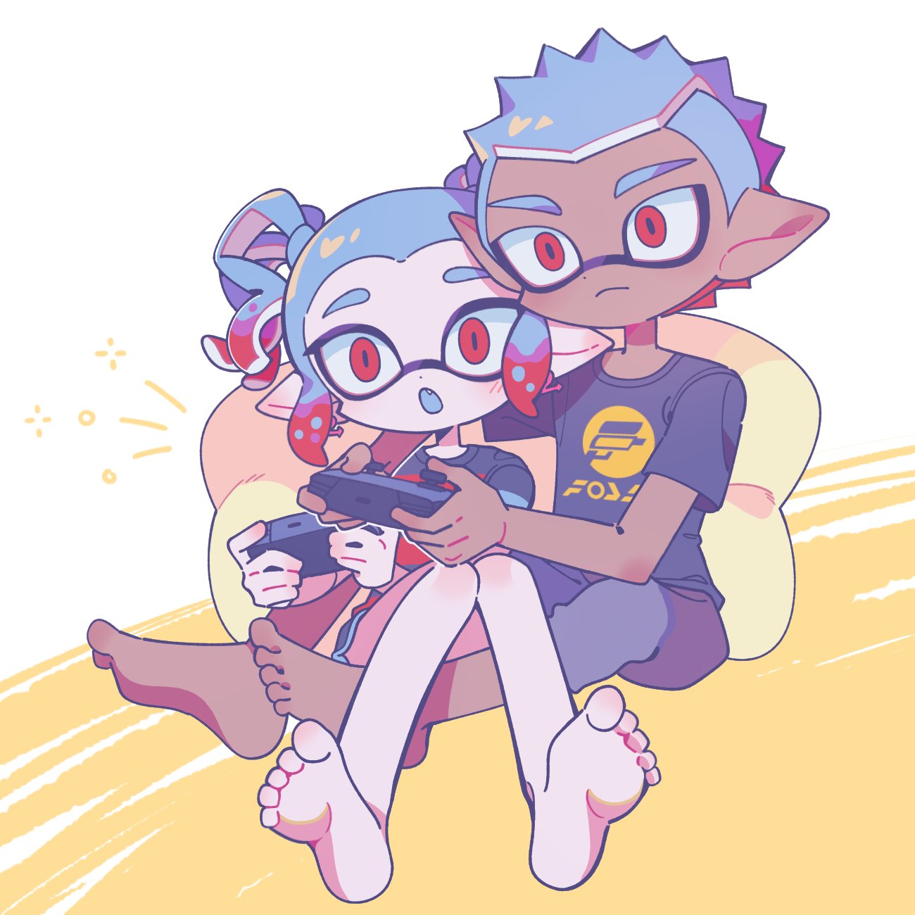 1boy 1girl black_shirt blue_hair closed_mouth colored_tips commentary_request controller dark-skinned_male dark_skin double_egg-kun_(splatoon) fang feet game_controller grey_shorts highres holding holding_controller holding_game_controller inkling korean_commentary multicolored_hair notice_lines open_mouth playing_games print_shirt red_eyes red_sole-chan_(splatoon) redhead shirt shorts simple_background sitting soles splatoon_(manga) splatoon_(series) toes two-tone_background two-tone_hair ufo_sw white_background yellow_background