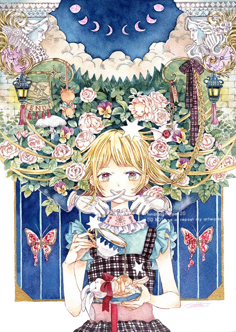 1girl artist_name blonde_hair bug bust_(sculpture) butterfly cake clouds crescent_moon cup dress flower food fork frills gloves hntaa holding holding_cup holding_plate holding_saucer lantern leaf looking_at_viewer moon moon_phases mouse night original painting_(medium) pine_tree pink_flower plaid plate pouring rabbit ribbon rose saucer short_hair sky sleeveless sleeveless_dress smile solo star_(symbol) tea teacup traditional_media tree twitter_username upper_body watercolor_(medium) watermark white_flower white_gloves