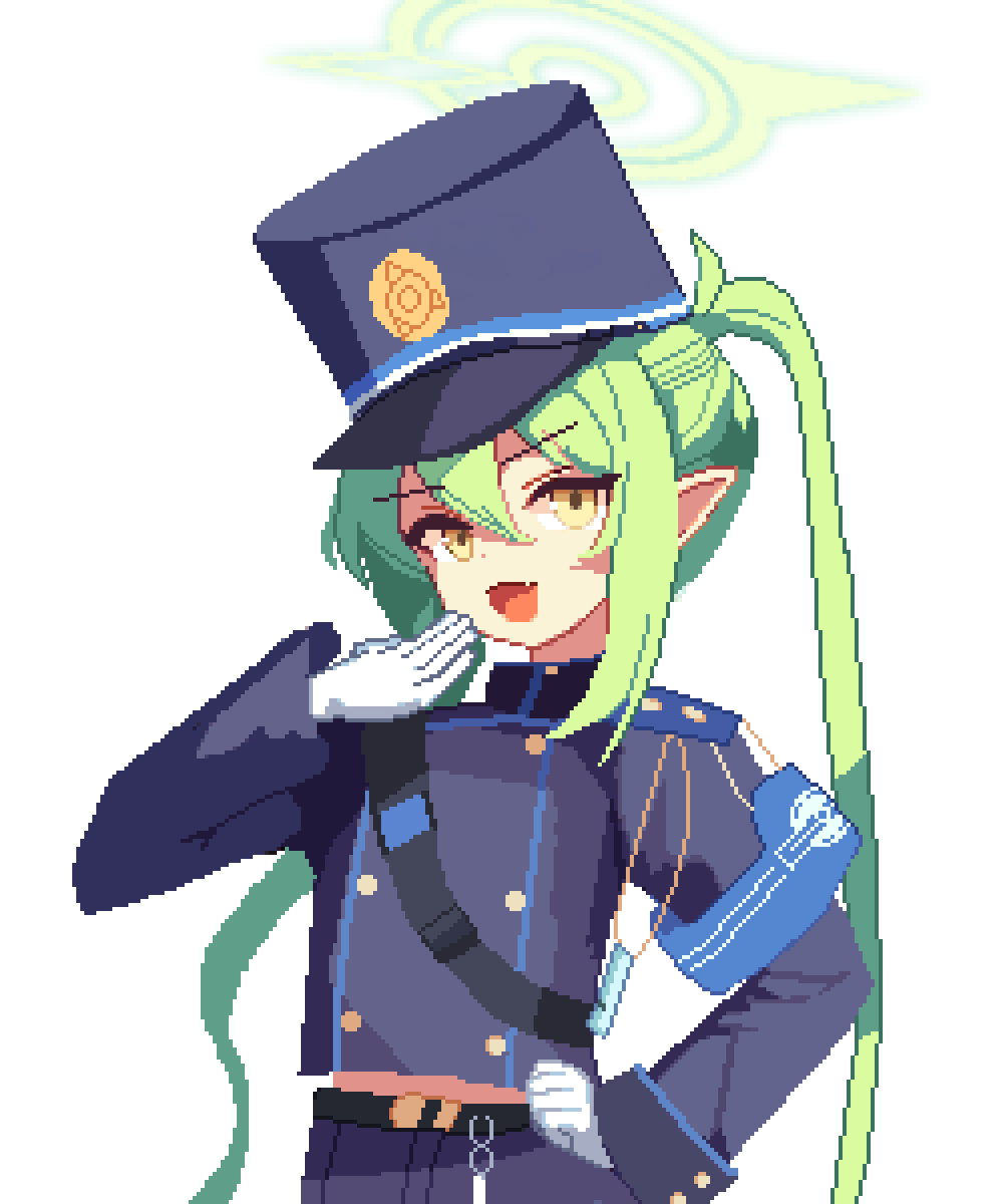 1girl belt black_belt black_hat black_jacket black_shorts blue_archive buttons double-breasted fang gloves green_hair green_halo hair_between_eyes halo hand_on_own_hip hat highlander_twintails_conductor_(blue_archive) highres jacket long_hair long_sleeves looking_at_viewer open_mouth peaked_cap pixel_art pointy_ears shorts simple_background skin_fang smile solo tinia_etru twintails white_background white_gloves yellow_eyes