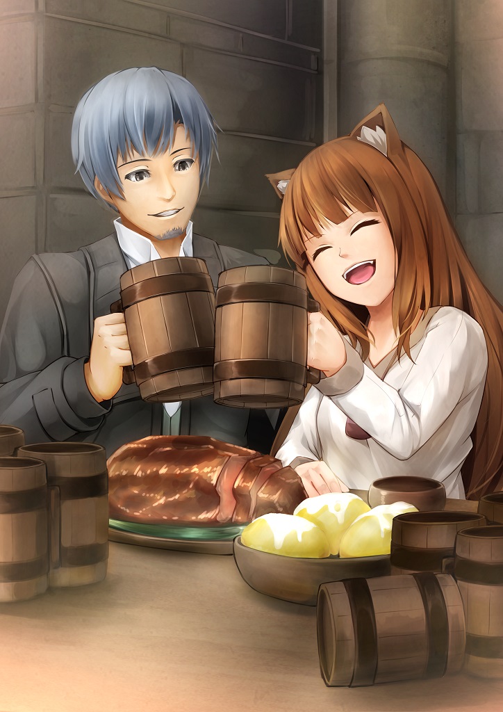 1boy 1girl ^_^ animal_ear_fluff animal_ears black_eyes black_jacket blunt_bangs brown_hair closed_eyes collared_shirt commentary_request craft_lawrence cup fang food grey_hair grin hand_up happy holding holding_cup indoors jacket kirishima_itsuki long_hair long_sleeves looking_at_another meat nose open_mouth shirt short_hair sidelocks sitting smile spice_and_wolf straight_hair table tavern teeth upper_teeth_only white_shirt wolf_ears wolf_girl wooden_cup