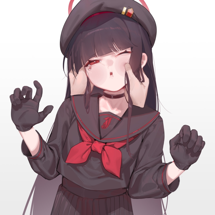 1girl beret black_choker black_gloves black_hair black_hat black_serafuku black_shirt black_skirt blue_archive choker gloves halo hand_on_another's_face hat justice_task_force_member_(blue_archive) looking_at_viewer neckerchief one_eye_closed open_mouth red_eyes red_halo red_neckerchief rounan58287 school_uniform serafuku shirt skirt solo white_background