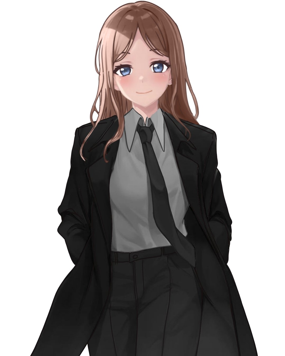 1girl bang_dream! bang_dream!_it's_mygo!!!!! black_coat black_necktie black_pants blue_eyes blush brown_hair closed_mouth coat collared_shirt commentary_request cowboy_shot grey_shirt hands_in_pockets highres long_hair long_sleeves looking_at_viewer mocaraneru nagasaki_soyo necktie open_clothes open_coat pants parted_bangs shirt simple_background solo suit variant_set white_background