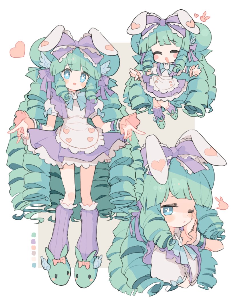 1girl ^_^ animal_ears animal_slippers apron aqua_footwear aqua_hair blue_bow blue_bowtie blue_eyes blunt_bangs blush_stickers border bow bowtie bright_pupils brown_background closed_eyes color_guide commission cropped_torso drill_hair drill_sidelocks frilled_bow frilled_skirt frills full_body hair_bow hand_on_own_cheek hand_on_own_face head_wings heart heart_print kasa_(hitori_sanka) leg_warmers long_hair looking_at_viewer multiple_views one_eye_closed open_mouth original outside_border outstretched_arms puffy_short_sleeves puffy_sleeves purple_leg_warmers purple_skirt rabbit-shaped_pupils rabbit_ears short_sleeves sidelocks simple_background skeb_commission skirt skirt_hold slippers smile spread_arms standing symbol-shaped_pupils too_many_drills upper_body white_apron white_border white_pupils wings wrist_cuffs
