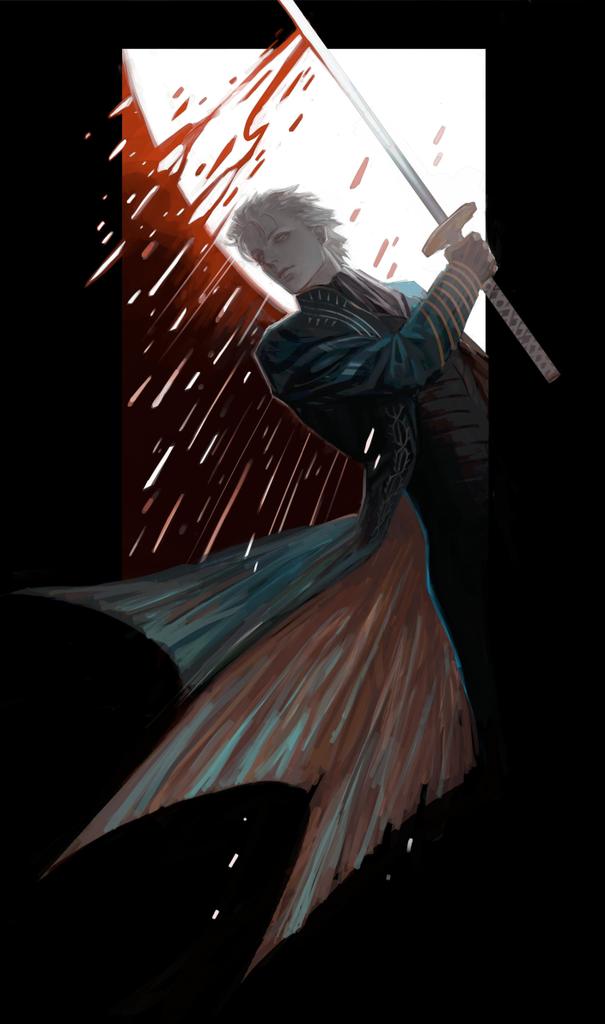 1boy abiocube black_gloves blue_coat blue_eyes closed_mouth coat devil_may_cry_(series) devil_may_cry_3 fingerless_gloves gloves hair_slicked_back holding holding_sword holding_weapon katana looking_at_viewer male_focus solo sword vergil_(devil_may_cry) weapon white_hair yamato_(sword)