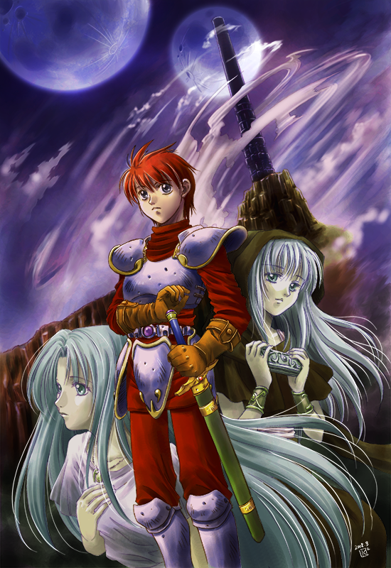 1boy 2girls adol_christin ancient_ys_vanished armor blue_eyes blue_hair bracelet dress feena_(ys) gloves harmonica holding holding_instrument instrument jewelry katagawa_kae leather leather_gloves long_hair moon multiple_girls necklace parted_bangs reah_(ys) redhead scabbard sheath sheathed short_hair short_sleeves shoulder_armor signature tower white_dress ys