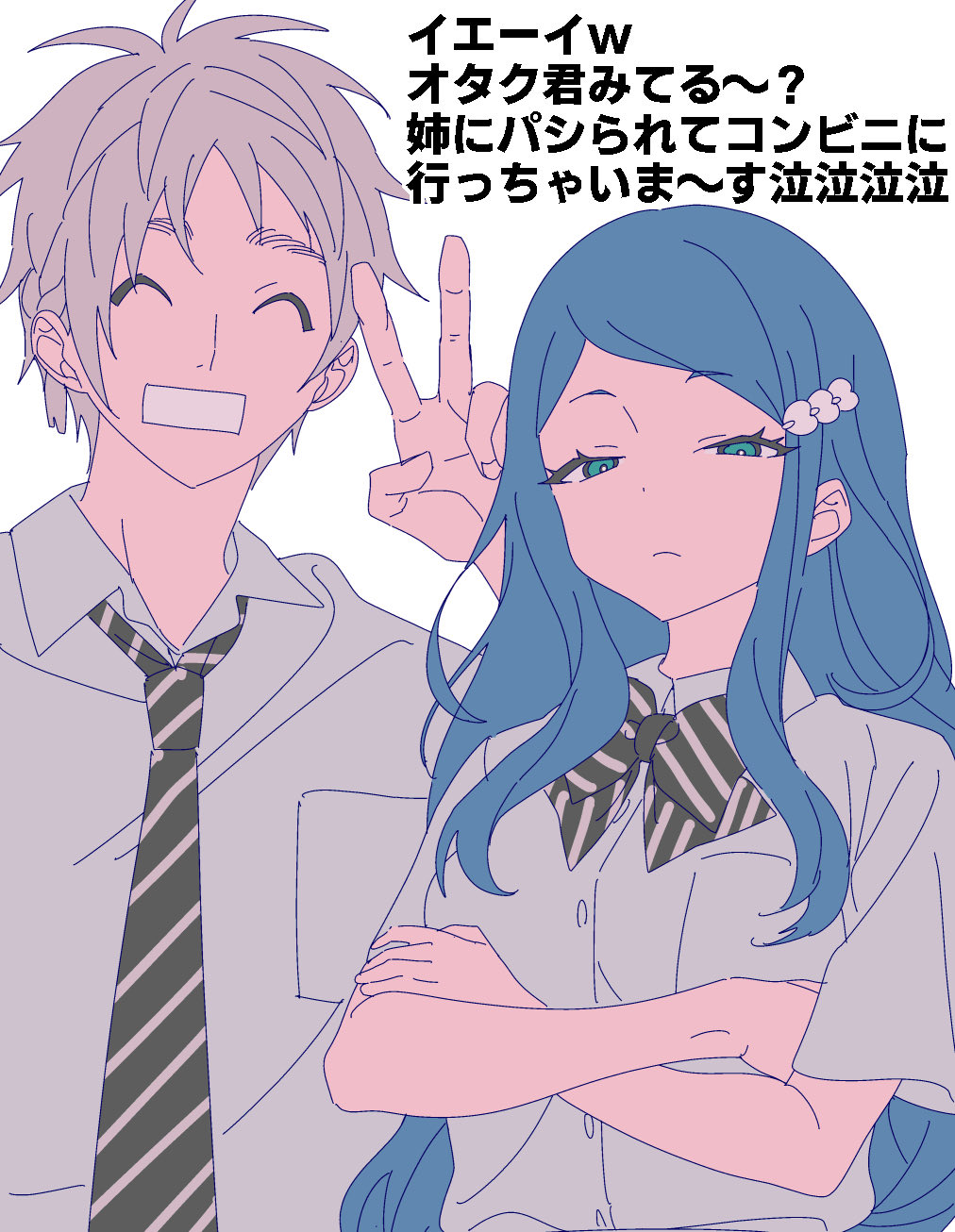 1boy 1girl ^_^ alternate_hair_length alternate_hairstyle anchiki_shou bad_id bad_twitter_id black_necktie blue_eyes blue_hair closed_eyes collared_shirt crossed_arms diagonal-striped_clothes diagonal-striped_necktie facing_viewer frown grey_hair hair_ornament half-closed_eyes hand_up highres king_of_prism_by_prettyrhythm long_hair looking_at_viewer necktie open_mouth pretty_rhythm pretty_series rinne_(pretty_rhythm) shine_(pretty_series) shirt short_hair simple_background smile striped_clothes translation_request upper_body v white_background white_shirt