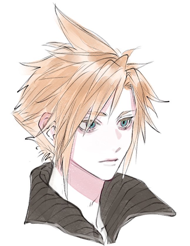 1boy aqua_eyes blonde_hair closed_mouth cloud_strife final_fantasy final_fantasy_vii final_fantasy_vii_advent_children grey_shirt looking_to_the_side male_focus pale_skin popped_collar portrait shirt short_hair shunkafuyu solo spiky_hair upper_body white_background