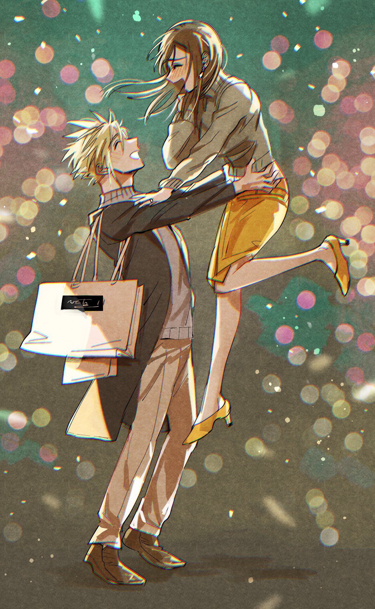 1boy 1girl alternate_costume bag black_coat black_hair blonde_hair blush brown_footwear brown_hair casual city_lights closed_eyes cloud_strife coat commentary_request couple earrings facing_another final_fantasy final_fantasy_vii final_fantasy_vii_remake from_side full_body grey_sweater happy high_heels highres jewelry lifting_person long_hair long_sleeves mrg2by open_clothes open_coat open_mouth outdoors ring shoes shopping_bag short_hair single_earring skirt smile spiky_hair standing sweater tifa_lockhart turtleneck turtleneck_sweater yellow_footwear yellow_skirt