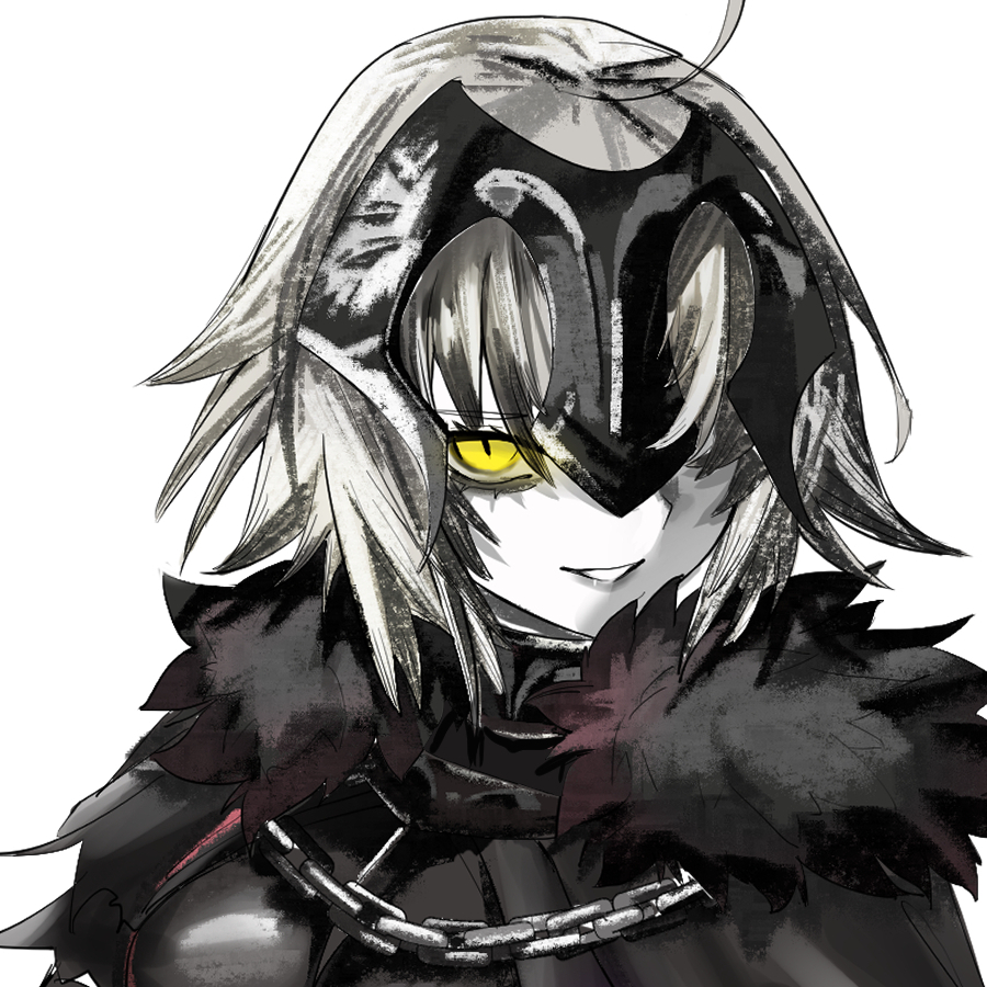 1girl ahoge akihoop alternate_skin_color black_cape boobplate cape chain colored_skin fate/grand_order fate_(series) fur-trimmed_cape fur_trim grey_hair hair_over_one_eye headpiece jeanne_d'arc_alter_(fate) looking_at_viewer portrait short_hair simple_background slit_pupils smile teeth white_background white_skin yellow_eyes