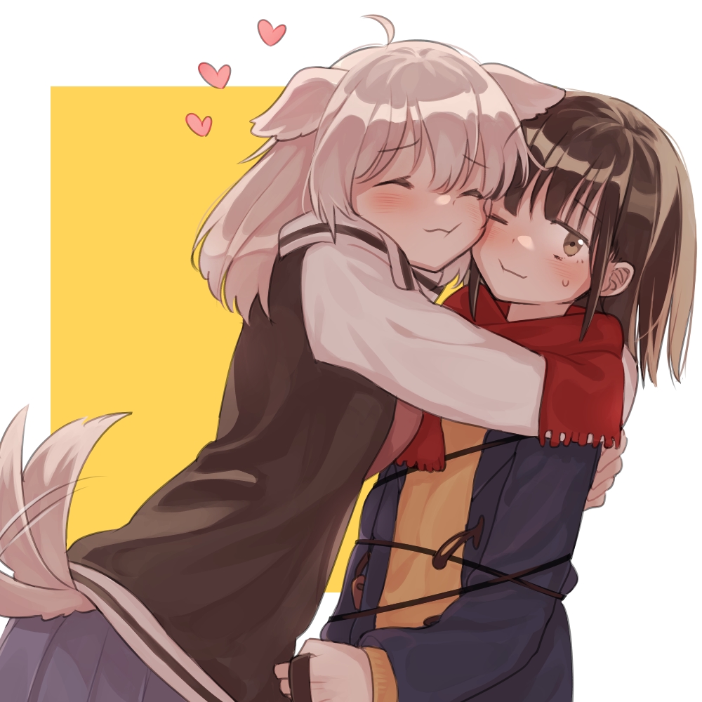 2girls ahoge animal_ears black_jacket blue_skirt blush brown_eyes brown_hair cheek-to-cheek cheek_press closed_eyes closed_mouth dog_ears dog_girl dog_tail fringe_trim grey_skirt heads_together heart hug inuko_(ink0425) jacket long_hair long_sleeves medium_hair multiple_girls one_eye_closed open_clothes open_jacket original pleated_skirt red_scarf scarf simple_background skirt smile sweatdrop sweater tail tail_wagging two-tone_background white_background white_hair yellow_background yuri