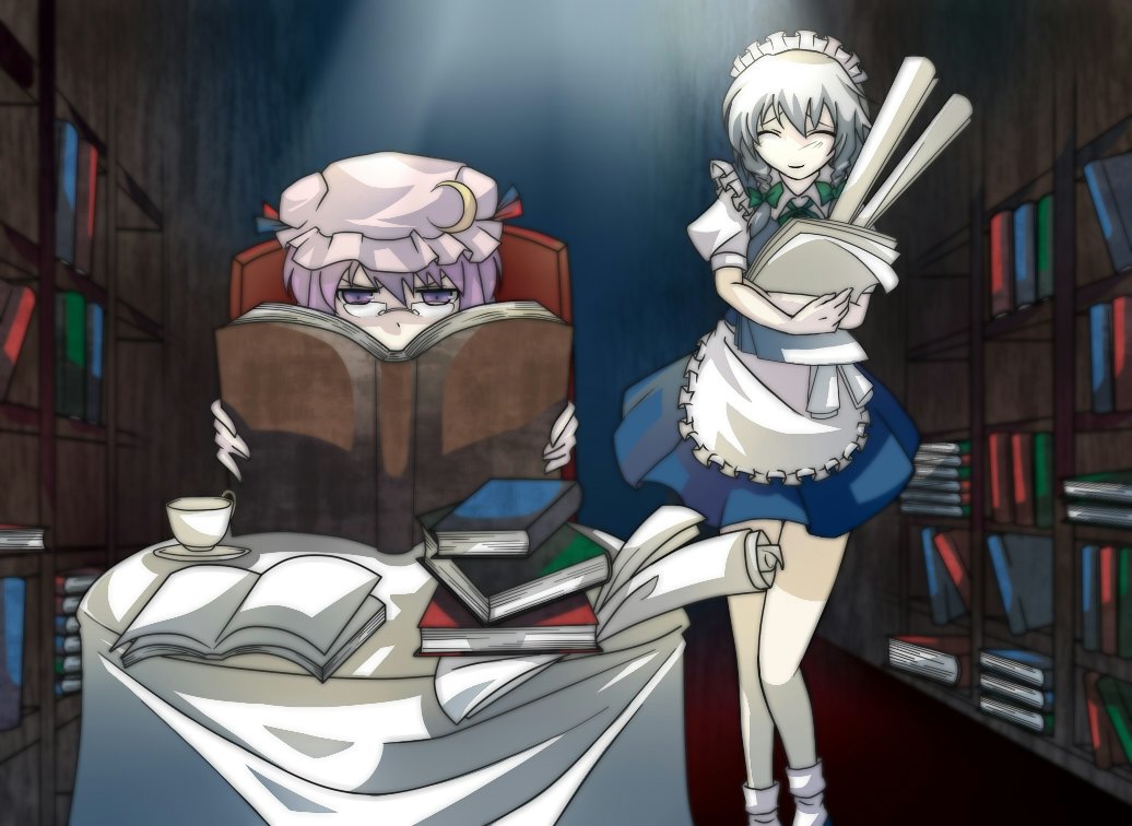 2girls apron book bookshelf bow braid closed_eyes closed_mouth commentary_request crescent crescent_hat_ornament cup glasses green_bow grey_hair hair_bow hal_(goshujinomocha) hat hat_ornament holding holding_book holding_paper izayoi_sakuya maid maid_apron maid_headdress mob_cap multiple_girls on_chair open_book paper patchouli_knowledge pile_of_books plate purple_hair reading short_hair sitting smile table teacup touhou twin_braids violet_eyes waist_apron
