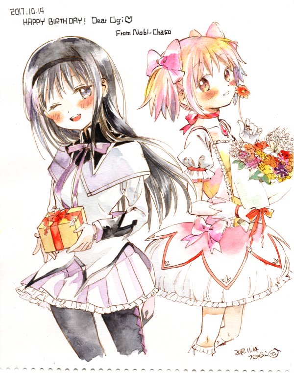 2girls akemi_homura argyle_clothes argyle_pantyhose artist_name back_bow black_capelet black_hair black_hairband black_pantyhose blush bouquet bow bow_choker bowtie bubble_skirt capelet center_frills chest_jewel choker collarbone collared_capelet commentary_request cropped_legs dated dress flower frilled_dress frilled_skirt frilled_sleeves frilled_socks frills gem gift gloves hair_bow hairband hand_jewel happy_birthday high_collar holding holding_bouquet holding_flower holding_gift kaname_madoka kneehighs knees long_hair long_sleeves looking_at_viewer magical_girl mahou_shoujo_madoka_magica mahou_shoujo_madoka_magica_(anime) miniskirt multiple_girls no+bi= one_eye_closed open_mouth orange_flower pantyhose pink_bow pink_dress pink_eyes pink_gemstone pink_hair pleated_skirt puffy_short_sleeves puffy_sleeves purple_bow purple_bowtie purple_capelet purple_flower purple_gemstone purple_skirt red_bow red_choker red_flower red_rose rose short_dress short_hair short_sleeves signature simple_background skirt smile socks square_neckline teeth two-tone_capelet upper_teeth_only violet_eyes waist_bow white_background white_dress white_flower white_gloves white_skirt white_sleeves white_socks yellow_flower