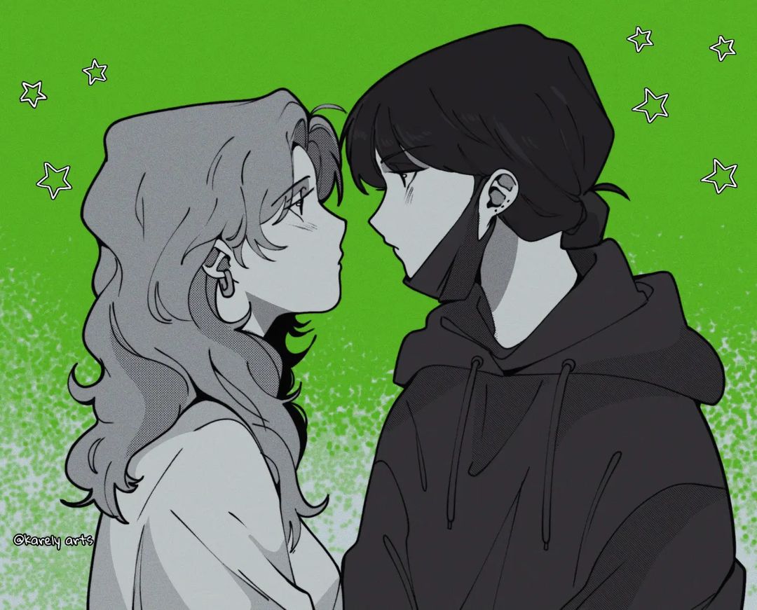 2girls blush commentary ear_piercing earrings eye_contact face-to-face from_side green_background greyscale_with_colored_background hood hood_down hoodie hoop_earrings instagram_username jewelry karely_arts kininatteru_hito_ga_otoko_ja_nakatta koga_mitsuki long_hair looking_at_another mask mouth_mask multiple_girls oosawa_aya piercing profile star_(symbol) upper_body wavy_hair yuri