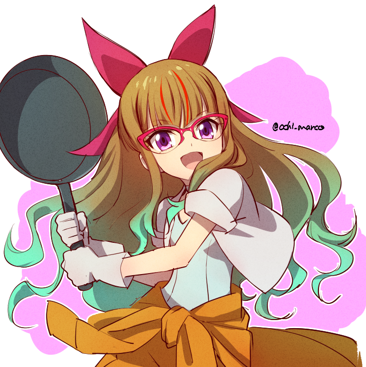 1girl artist_name bow brown_hair frying_pan glasses gloves gradient_hair hair_bow holding holding_frying_pan long_hair multicolored_hair ochi_marco ohdo_yuamu open_mouth smile violet_eyes white_gloves yu-gi-oh! yu-gi-oh!_go_rush!!
