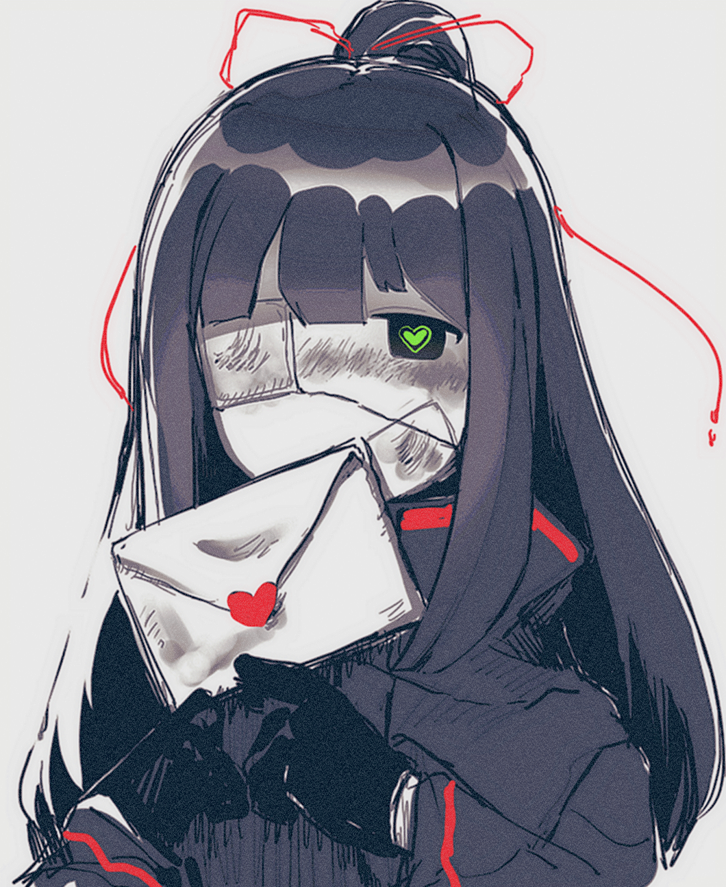 1girl black_gloves black_hair black_jacket envelope gloves green_pupils hair_ribbon half_updo hands_up heart heart-shaped_pupils highres holding holding_envelope jacket library_of_ruina long_hair looking_at_viewer madotsuki_ren project_moon red_ribbon ribbon sidelocks simple_background solo symbol-shaped_pupils tenma_(project_moon) upper_body very_long_hair white_background
