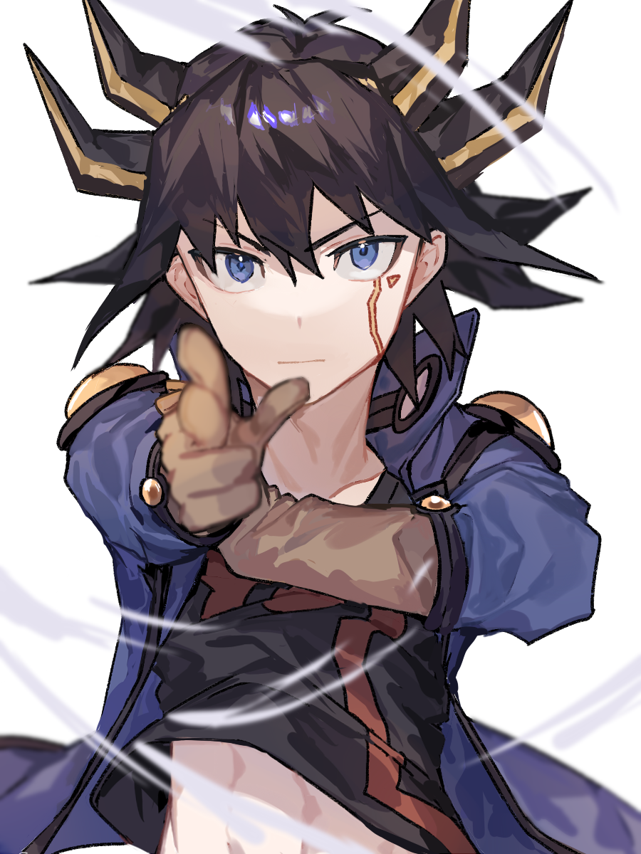 1boy black_hair blonde_hair blue_eyes brown_gloves caddy_cyd closed_mouth facial_mark finger_gun fudou_yuusei gloves hair_between_eyes highres jacket male_focus multicolored_hair open_clothes open_jacket pointing pointing_at_viewer serious shirt short_hair spiky_hair streaked_hair two-tone_hair white_background wind wind_lift yu-gi-oh! yu-gi-oh!_5d's