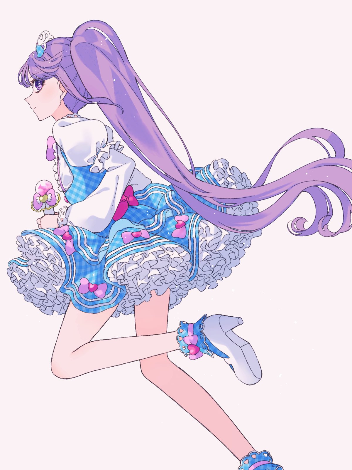 1girl ao_(ao0_0nemu) bad_id bad_twitter_id blue_dress blue_socks commentary_request dress from_side full_body high_heels highres holding holding_microphone long_hair long_sleeves looking_at_viewer looking_back manaka_non microphone petticoat pretty_series pripara profile puffy_sleeves purple_hair side_ponytail socks soles solo standing standing_on_one_leg very_long_hair violet_eyes white_footwear