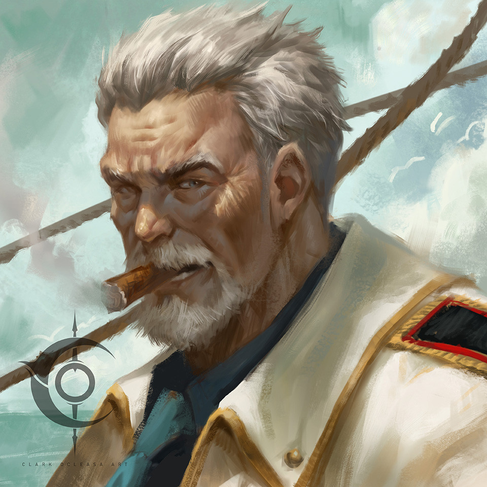 1boy artist_name beard cigar clarkocleasa coat coat_on_shoulders commentary epaulettes facial_hair green_necktie grey_hair looking_at_viewer male_focus monkey_d._garp mouth_hold mustache necktie one_piece open_mouth short_hair signature smoke solo