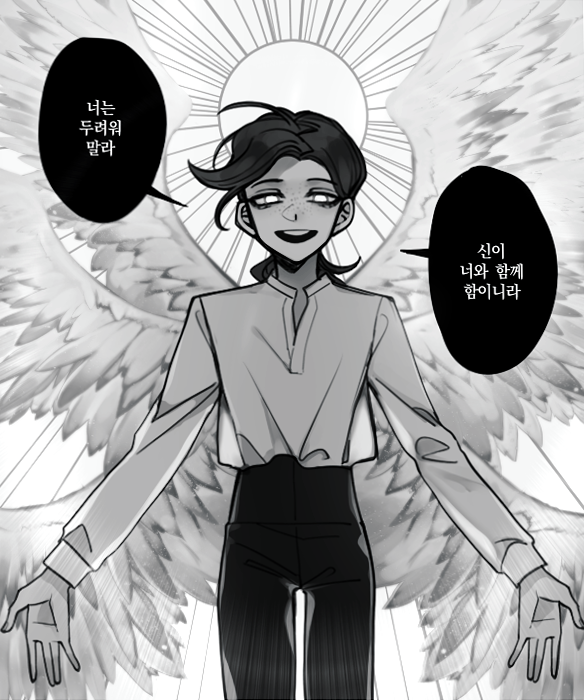 1boy angel_wings commentary_request cowboy_shot feathered_wings freckles greyscale halo jojo_no_kimyou_na_bouken korean_text low_ponytail male_focus monochrome multiple_wings open_mouth outstretched_arms ponytail sempon_(doppio_note) smile solo translation_request vento_aureo vinegar_doppio wings