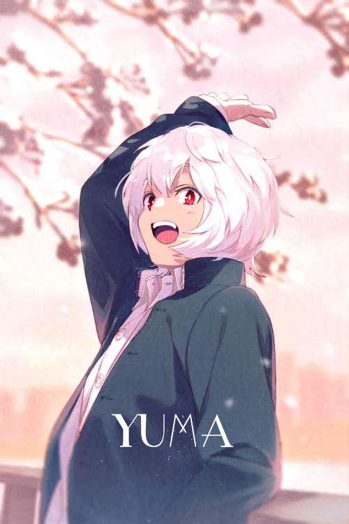 1boy against_railing arm_up blue_jacket blurry blurry_background branch character_name coat collared_shirt day dress_shirt echo_(circa) falling_petals from_side gakuran grey_jacket jacket kuga_yuuma long_sleeves looking_at_viewer male_focus open_clothes open_jacket open_mouth petals railing red_eyes school_uniform shirt short_hair smile solo unbuttoned upper_body white_hair white_shirt world_trigger