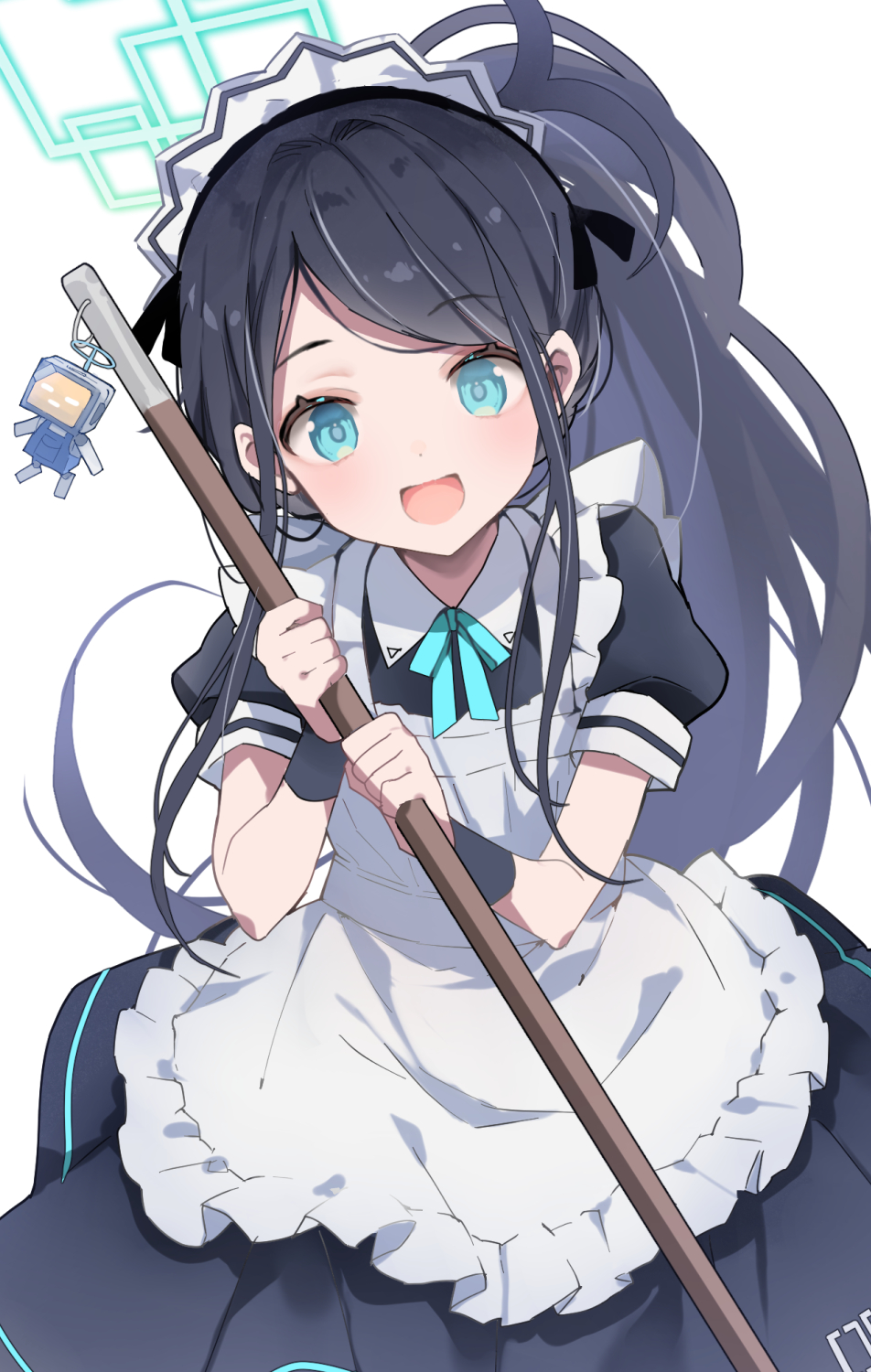 &lt;key&gt;_(robot)_(blue_archive) 1girl absurdly_long_hair apron ariko_youichi aris_(blue_archive) aris_(maid)_(blue_archive) black_dress black_hair blue_archive blue_eyes blush dress frilled_apron frills green_halo halo highres long_hair looking_at_viewer maid maid_headdress open_mouth puffy_short_sleeves puffy_sleeves short_sleeves simple_background smile solo very_long_hair white_apron white_background
