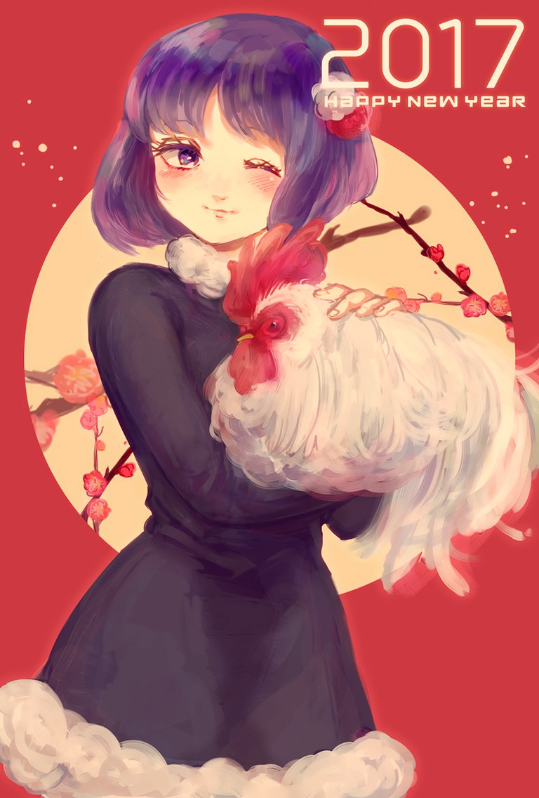 1girl 2017 akino_rinko animal bird bishoujo_senshi_sailor_moon black_dress chicken chinese_zodiac commentary dress flower fur-trimmed_dress fur_trim hair_ornament happy_new_year holding holding_animal one_eye_closed purple_hair rooster short_dress smile solo tomoe_hotaru violet_eyes year_of_the_rooster