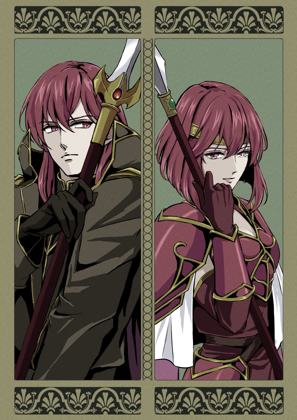 1boy 1girl armor black_gloves breastplate brother_and_sister closed_mouth elbow_gloves fire_emblem fire_emblem:_shadow_dragon_and_the_blade_of_light gloves hair_between_eyes headband highres holding holding_polearm holding_weapon michalis_(fire_emblem) minerva_(fire_emblem) polearm red_eyes red_gloves redhead shoulder_armor siblings upper_body weapon yori_ilrosso