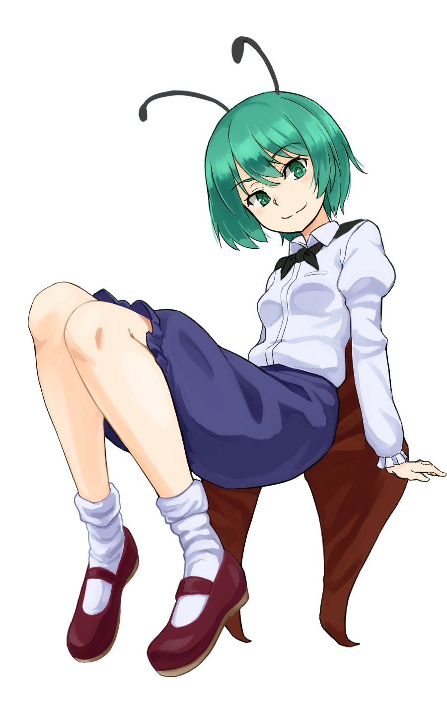 1girl antennae black_cape black_footwear blue_shorts cape closed_mouth commentary_request full_body green_eyes green_hair highres juliet_sleeves kakone long_hair long_sleeves looking_at_viewer puffy_sleeves shirt shorts simple_background socks solo touhou white_background white_shirt white_socks wriggle_nightbug