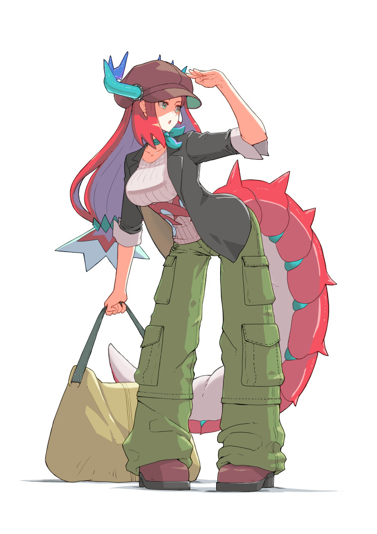 1girl alternate_costume bag baggy_pants blue_eyes breasts cargo_pants dragon_girl dragon_horns dragon_tail duel_monster full_body hat holding holding_bag horns horns_through_headwear jacket kitchen_dragonmaid large_breasts long_hair long_sleeves open_clothes open_jacket open_mouth pants redhead shibumi solo tail yu-gi-oh!