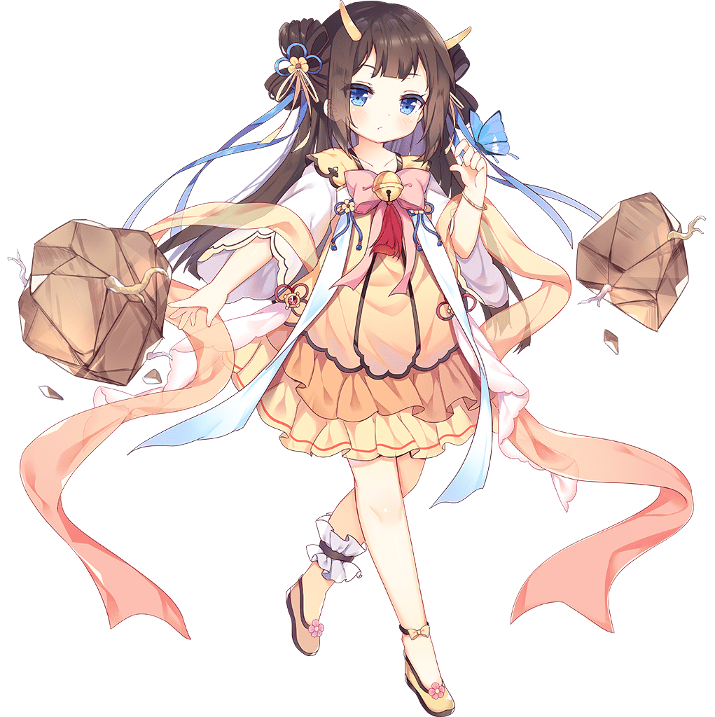 1girl ark_order bell blue_eyes bow bracelet branch bridal_garter brown_hair bug butterfly butterfly_on_hand chimi-mouryou_(ark_order) dragon_horns dress flats full_body hagoromo horns jewelry jingle_bell long_sleeves looking_at_viewer official_art pink_bow rock shawl sidelocks solo tachi-e transparent_background tsukimi_(xiaohuasan) two_side_up variant_set wide_sleeves yellow_dress yellow_footwear