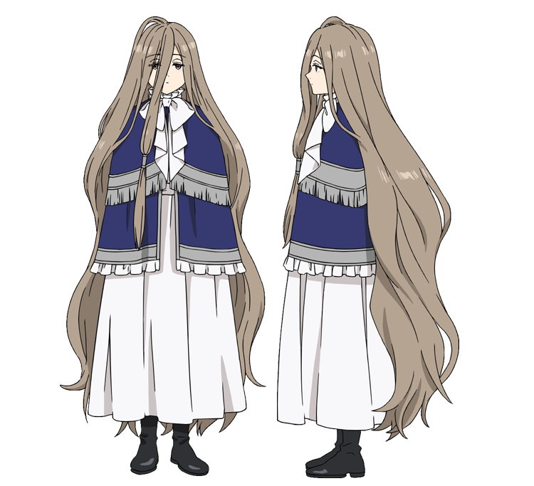 1girl black_footwear blue_capelet brown_eyes brown_hair capelet dress expressionless frilled_capelet frills from_side full_body hair_between_eyes half-closed_eyes long_hair official_art profile reference_sheet sense_(sousou_no_frieren) sousou_no_frieren straight-on transparent_background very_long_hair white_dress