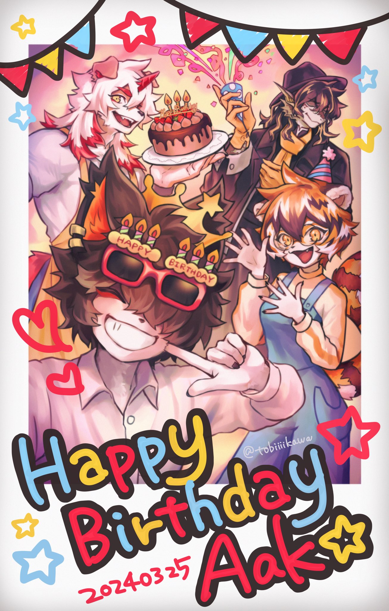 1girl 3boys aak_(arknights) apron arknights black_hat black_jacket blue_overalls border brown_hair cake candle character_name closed_eyes commentary_request cowboy_shot crown dated dot_nose eyewear_on_head fedora fins food furry furry_female furry_male gloves gradient_background grin hair_over_one_eye happy_birthday hat head_fins heart highres holding holding_party_popper holding_plate horns hung_(arknights) jacket leaning_back lee_(arknights) long_sleeves multicolored_hair multiple_boys open_mouth orange_hair overalls party_popper plate pointing pointing_at_self red-framed_eyewear redhead scarf shirt short_hair single_horn smile star_(symbol) string_of_flags tail tobikawa_hatopo twitter_username two-tone_hair upper_body waai_fu_(arknights) white_hair white_shirt yellow_apron yellow_eyes yellow_gloves yellow_scarf