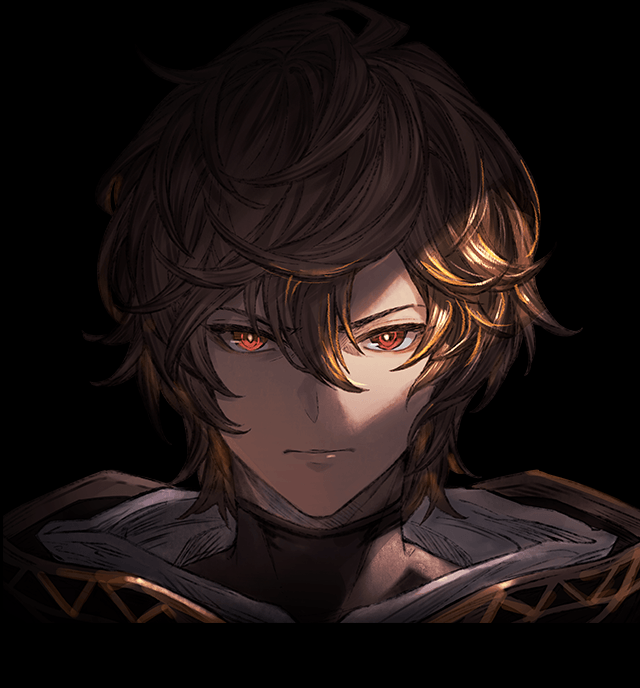 1boy ahoge bishounen black_background brown_hair expressionless facing_viewer furrowed_brow game_cg glowing glowing_eye granblue_fantasy hood hood_down light light_frown looking_at_viewer messy_hair minaba_hideo official_art partially_shaded_face red_eyes short_hair straight-on third-party_source turtleneck