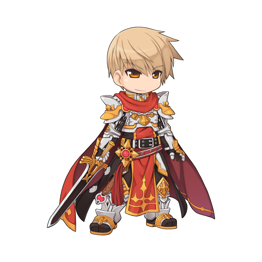 1boy armor armored_boots black_gloves black_pants black_shirt blonde_hair boots breastplate cape chibi closed_mouth cross full_body gauntlets glint gloves hair_between_eyes hand_on_own_hip holding holding_sword holding_weapon looking_at_viewer male_focus medium_bangs official_alternate_costume official_art orange_eyes pants pauldrons ragnarok_online red_cape rune_knight_(ragnarok_online) shirt short_hair shoulder_armor simple_background smile solo standing sword tabard tachi-e transparent_background weapon yuichirou