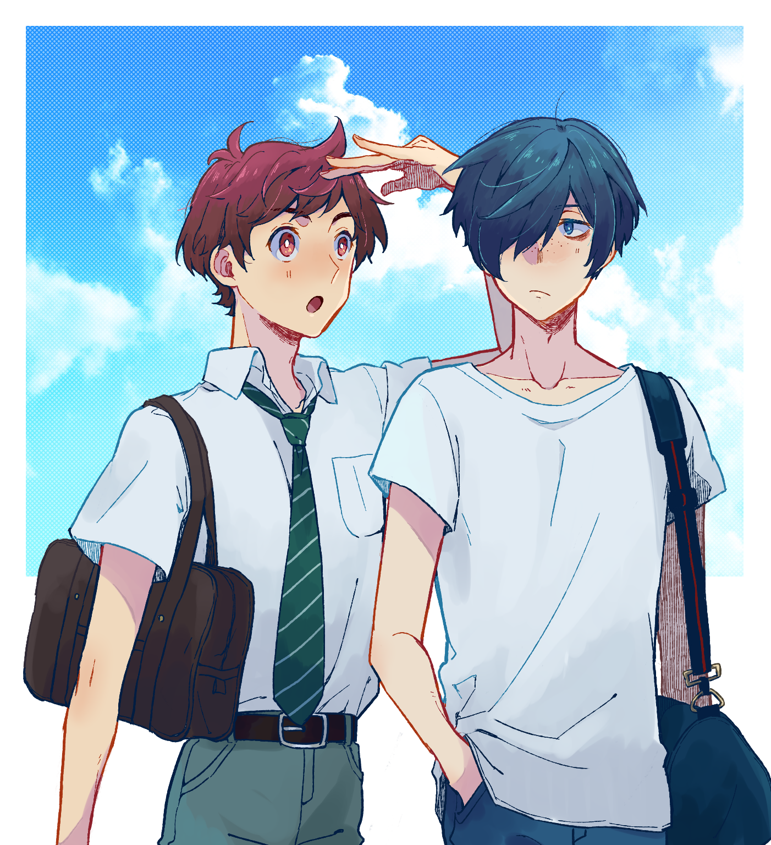 2boys bag blue_eyes blue_hair blue_sky border brown_eyes brown_hair clouds collarbone commentary_request dark_blue_hair diagonal-striped_clothes diagonal-striped_necktie freckles hair_over_one_eye hand_in_pocket height_conscious kuji_toi looking_at_another male_focus merimo multiple_boys necktie open_mouth sarazanmai school_uniform shirt short_hair shoulder_bag sky striped_clothes surprised t-shirt upper_body white_border white_shirt yasaka_kazuki