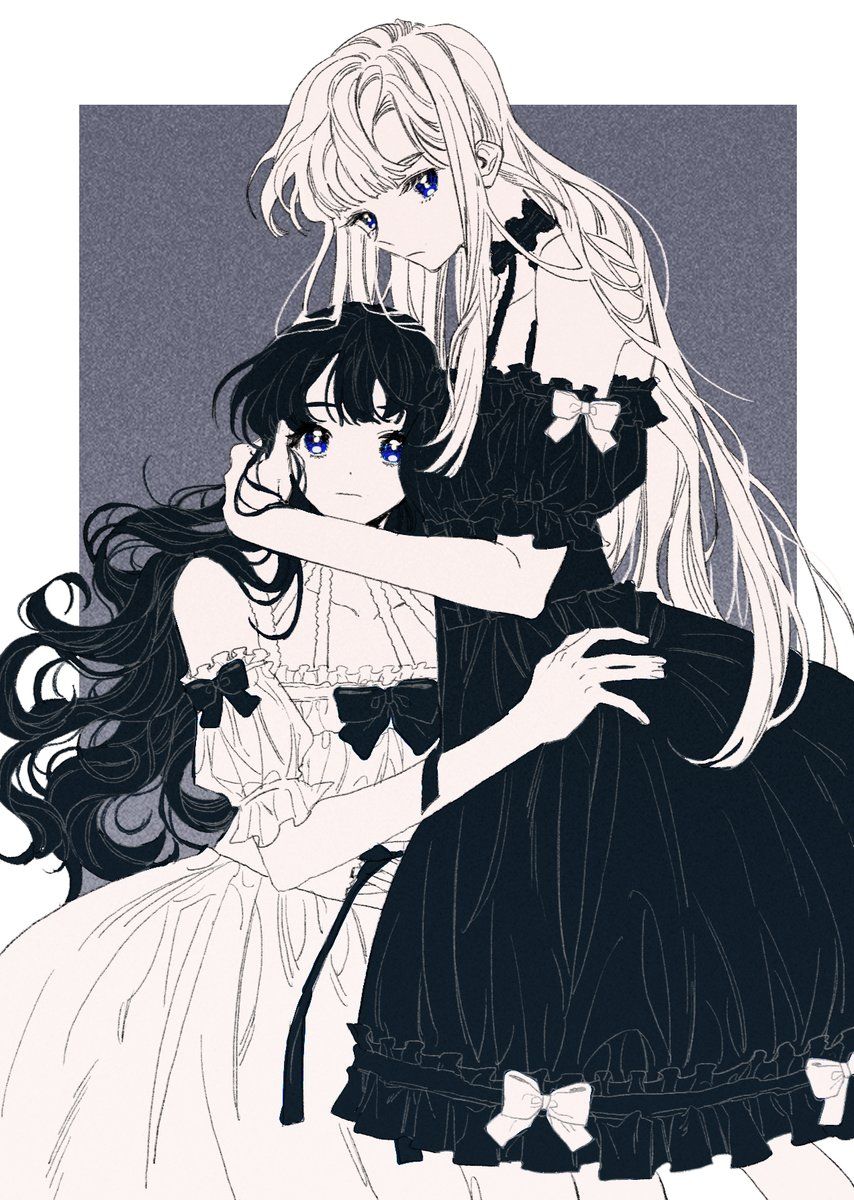 2girls bad_id bad_twitter_id bare_shoulders black_bow black_dress black_hair blue_eyes border bow choker closed_mouth collarbone detached_sleeves dress dress_bow expressionless frilled_dress frills greyscale_with_colored_background highres hug jocobong long_hair looking_at_viewer monochrome multiple_girls off-shoulder_dress off_shoulder original outside_border puffy_short_sleeves puffy_sleeves short_sleeves spot_color very_long_hair violet_eyes wavy_hair white_border white_bow white_dress white_hair yuri
