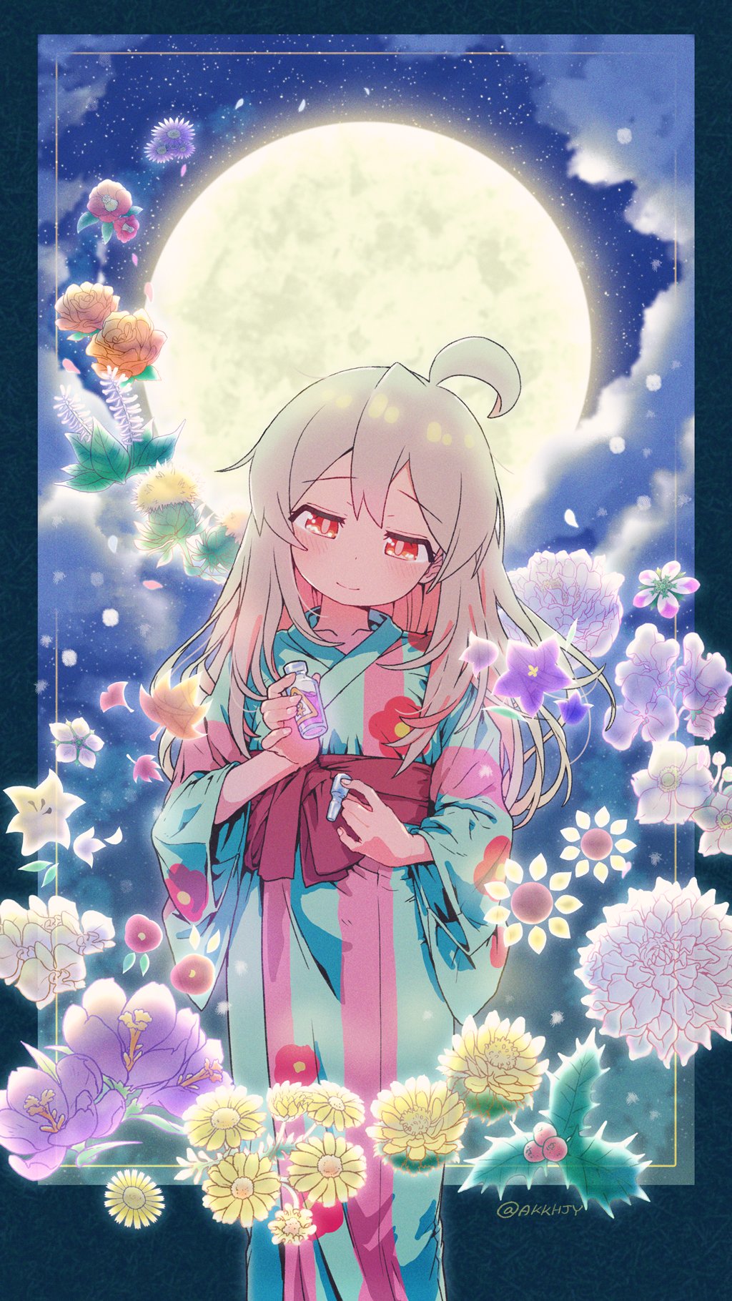 1girl ahoge blue_kimono blush bottle closed_mouth clouds cloudy_sky collarbone colored_inner_hair commentary_request dot_nose floral_print flower grey_hair hair_between_eyes half-closed_eyes hand_up highres holding holding_bottle japanese_clothes kimono leaf lips long_hair long_sleeves looking_at_object looking_down matado_(almukha) moon multicolored_hair night night_sky obi onii-chan_wa_oshimai! orange_flower oyama_mahiro pink_hair print_kimono purple_flower red_eyes red_flower red_sash sash sky solo standing star_(sky) twitter_username white_flower wide_sleeves yellow_flower