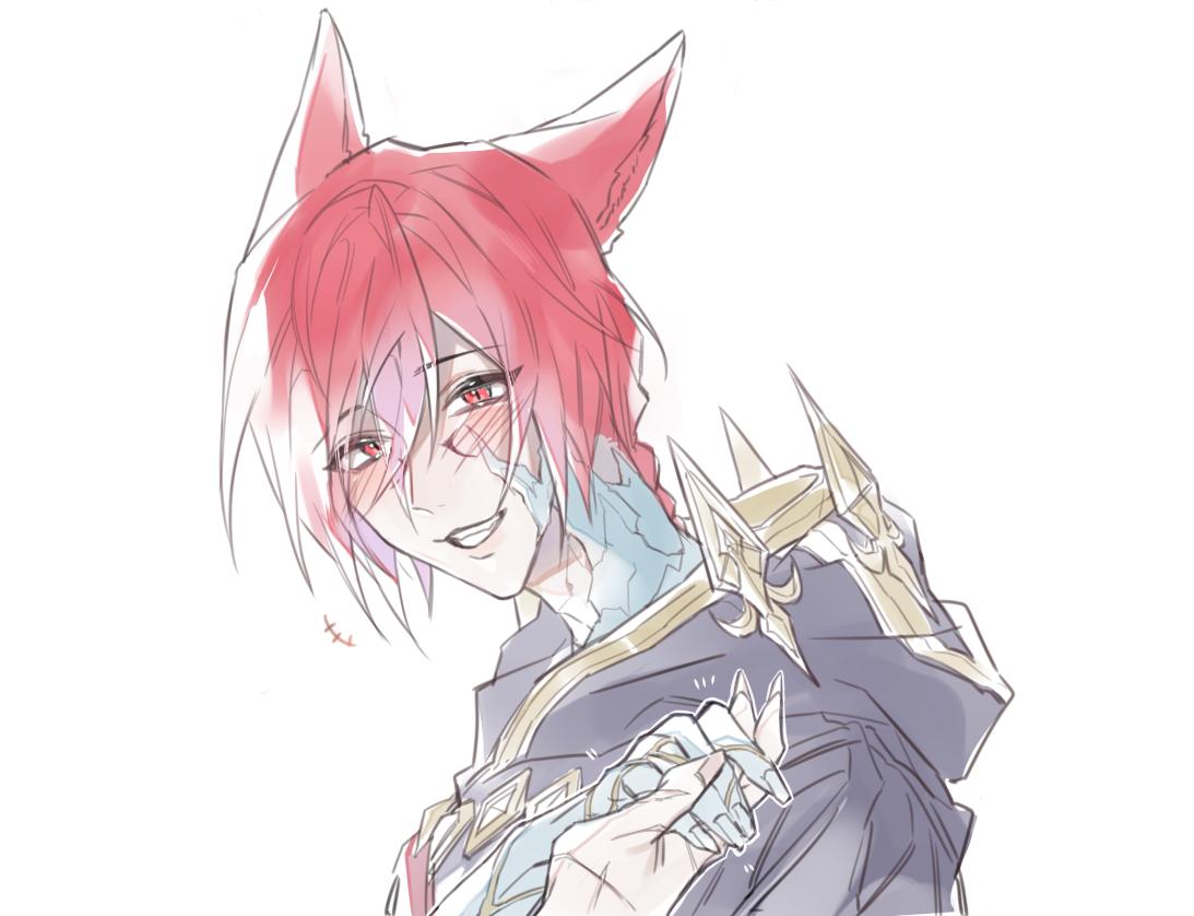 1boy 1other blush braid cloak crystal_exarch final_fantasy final_fantasy_xiv from_side g'raha_tia holding_hands hood hood_down hooded_cloak long_hair male_focus material_growth miqo'te pov pov_hands red_eyes redhead simple_background slit_pupils smile solo_focus tladpwl03 white_background
