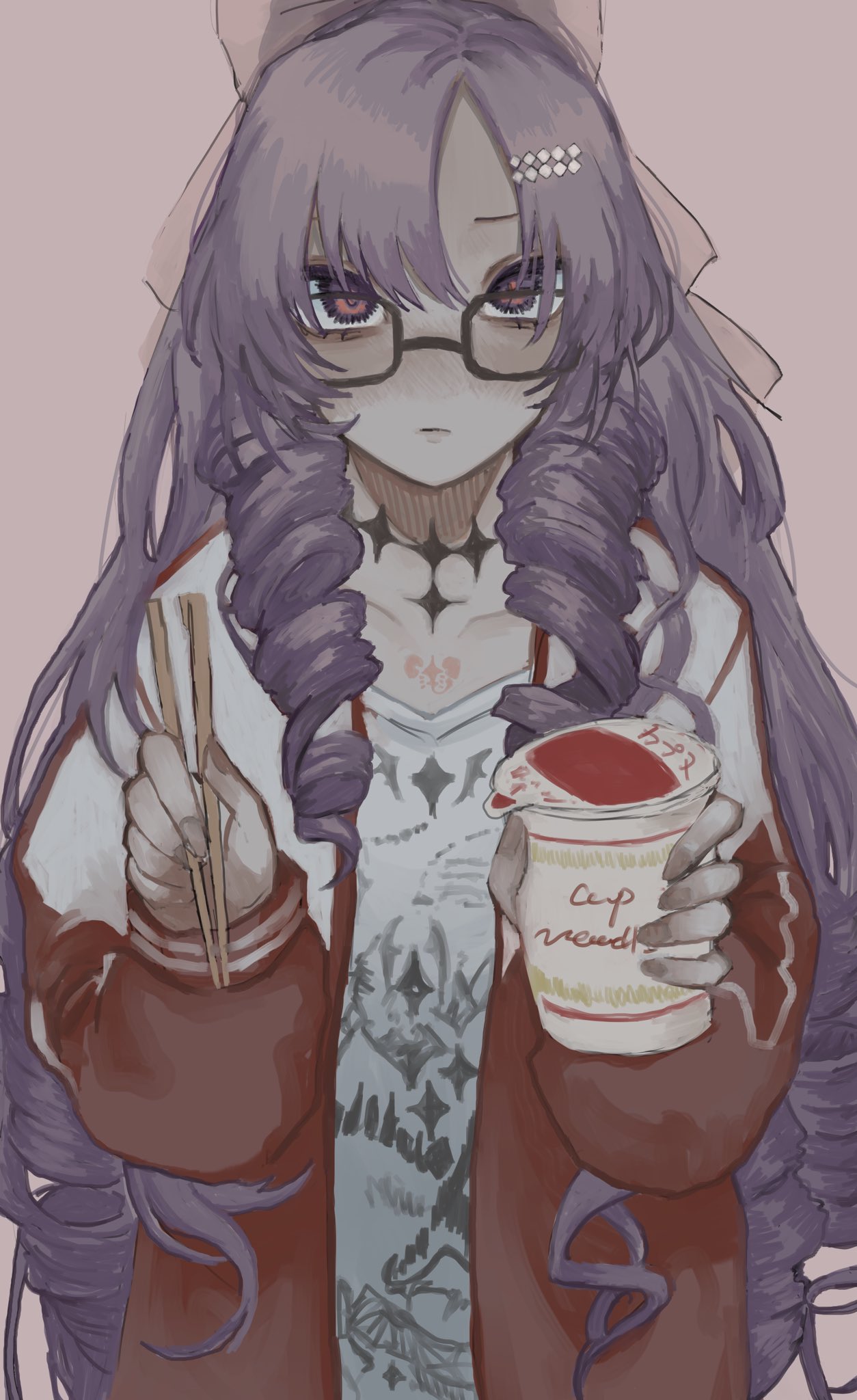 1girl chopsticks cup drill_hair glasses highres holding holding_chopsticks holding_cup hyakumantenbara_salome jacket long_hair multicolored_clothes multicolored_jacket nijisanji pink_background purple_hair ramen red_jacket shirt solo swallowx000 twin_drills two-tone_jacket very_long_hair white_shirt