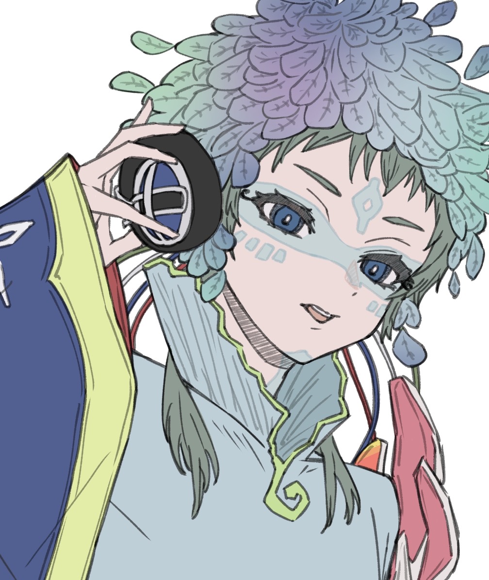 1other androgynous blue_eyes blue_hair facepaint facial_mark feathers forehead_mark gnosia green_eyes green_hair headphones long_sleeves looking_at_viewer makeup multicolored_hair raqio solo streaked_hair tattoo upper_body user_wahs4747